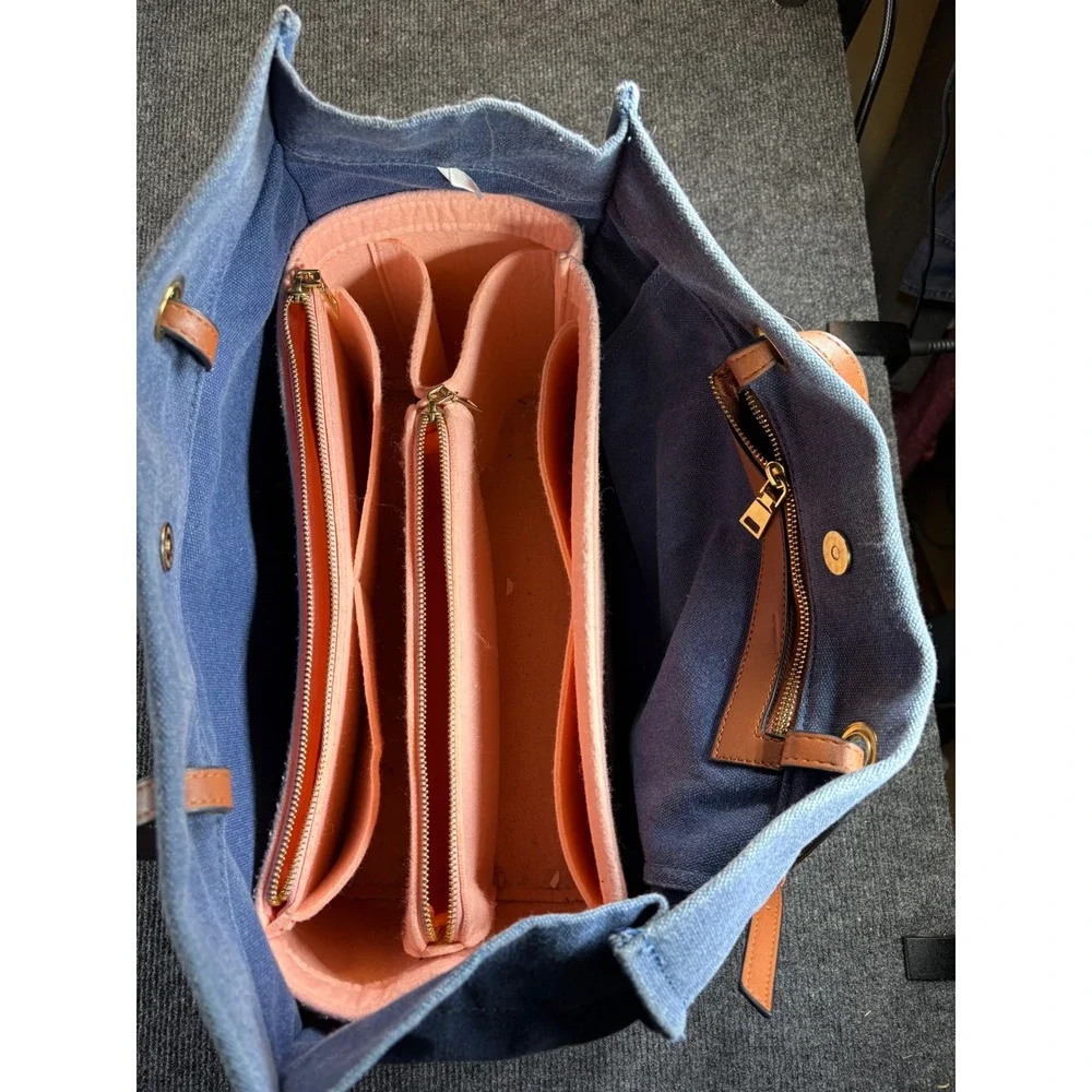 Blue Canvas Be‎ Happy Graphic Tote Bible Bag with Removable Pink Felt Organizer